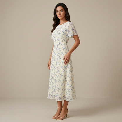 Floral Summer Midi Dress for Women – Short Sleeves, Crew Neck, A-Line Fit and Flowing Hem