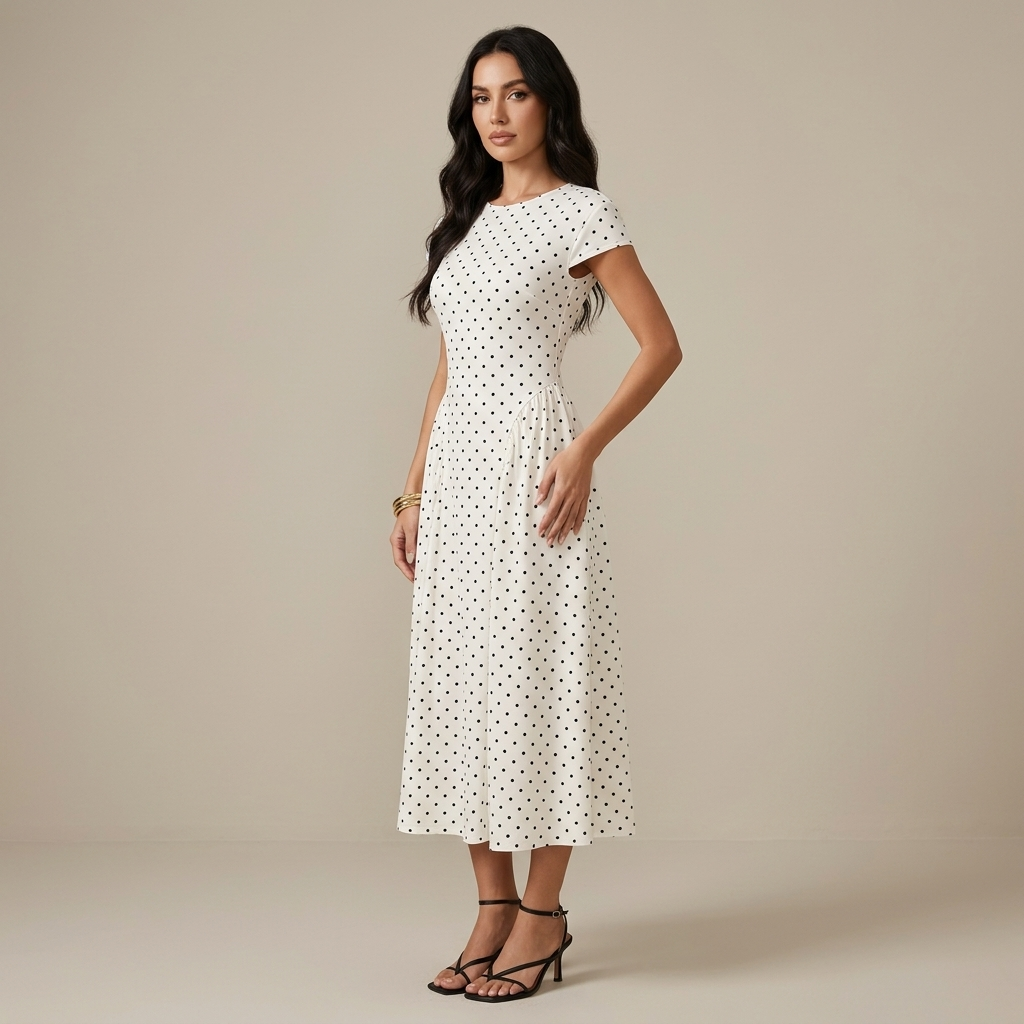 New Summer Women's White Polka Dot Short Sleeve Round Neck Midi Dress