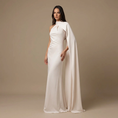 Halter Neck Maxi Dress for Women – Asymmetrical Draped Neck, Cape Detail and Fitted Shape