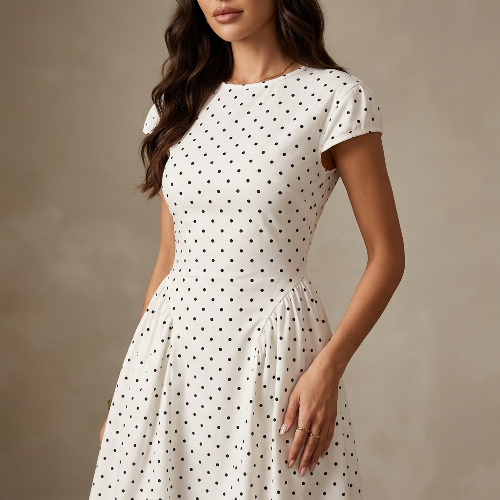 New Summer Women's White Polka Dot Short Sleeve Round Neck Midi Dress