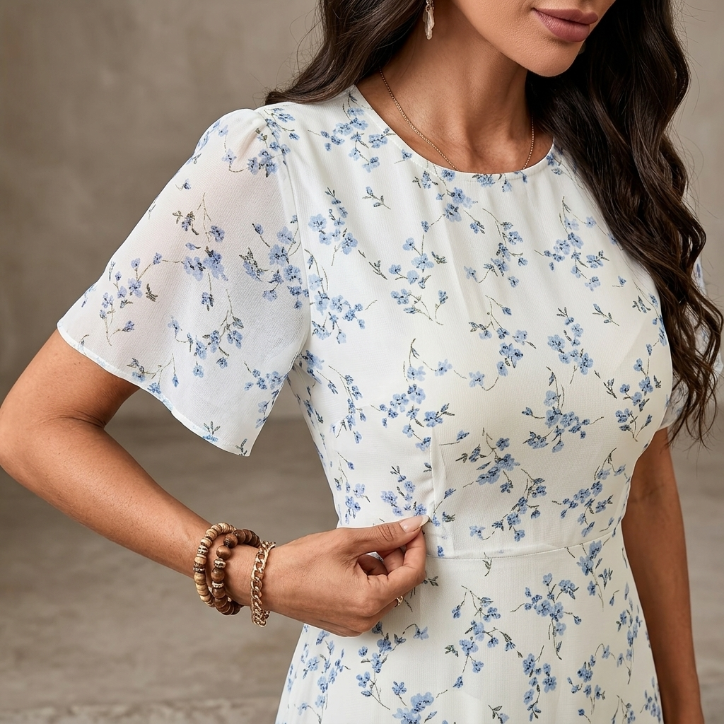 Women's Elegant Mini Floral Round Neck Short Sleeve Midi Dress, Summer Women's Clothing, Birthday Dress