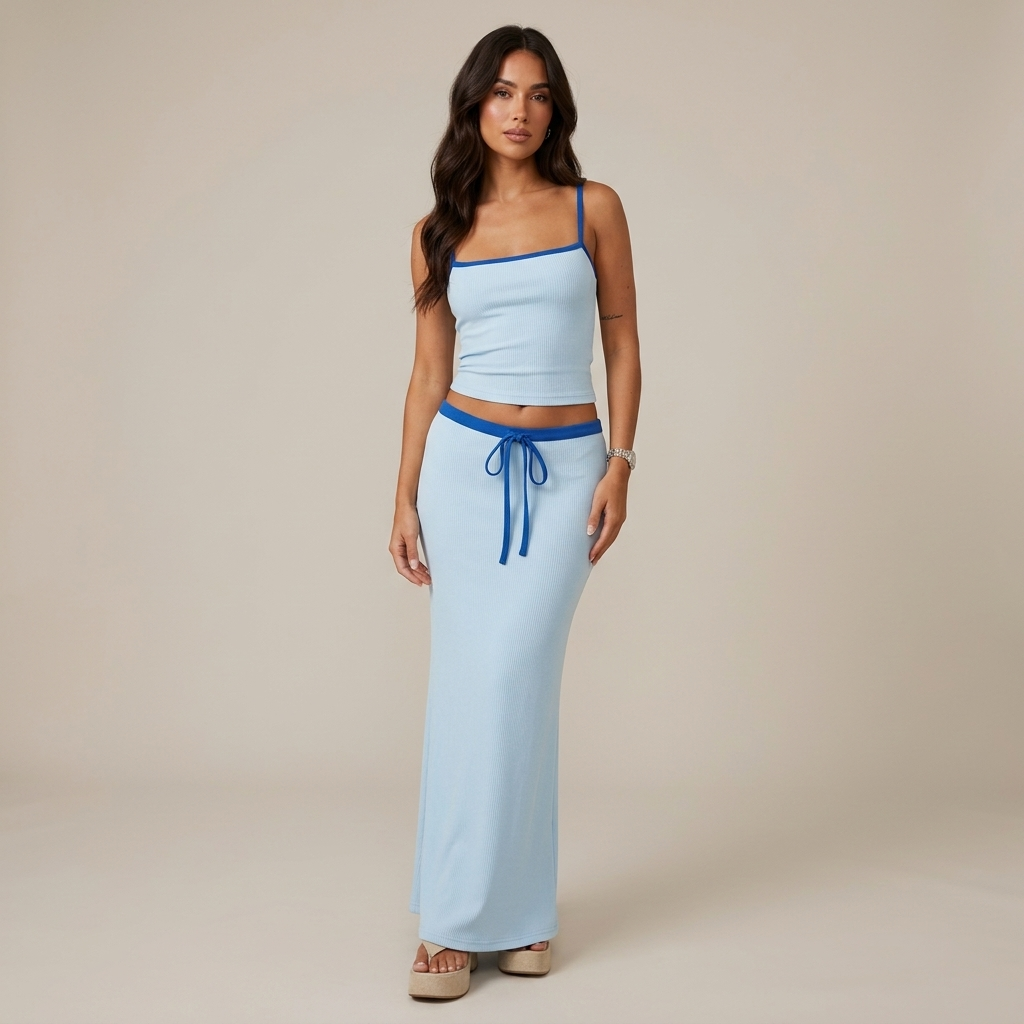 2pcs Women's Color Block Crop Top and High-Waisted Skirt Set