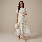 Women's Elegant Mini Floral Round Neck Short Sleeve Midi Dress, Summer Women's Clothing, Birthday Dress