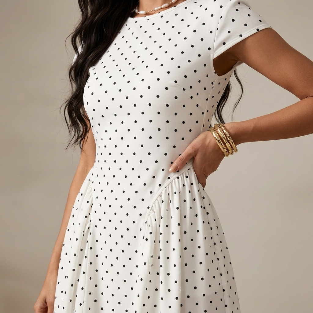 New Summer Women's White Polka Dot Short Sleeve Round Neck Midi Dress