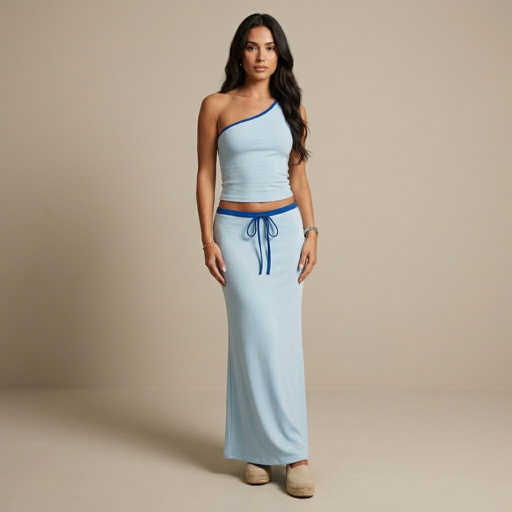 2pcs Women's Color Block Crop Top and High-Waisted Skirt Set