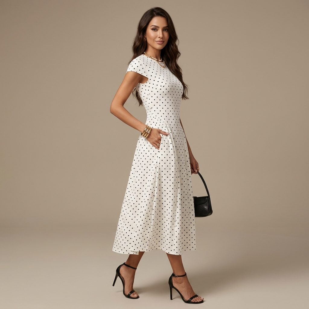 New Summer Women's White Polka Dot Short Sleeve Round Neck Midi Dress