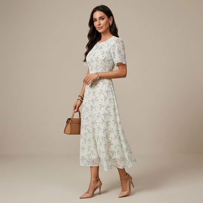 Floral Summer Midi Dress for Women – Short Sleeves, Crew Neck, A-Line Fit and Flowing Hem