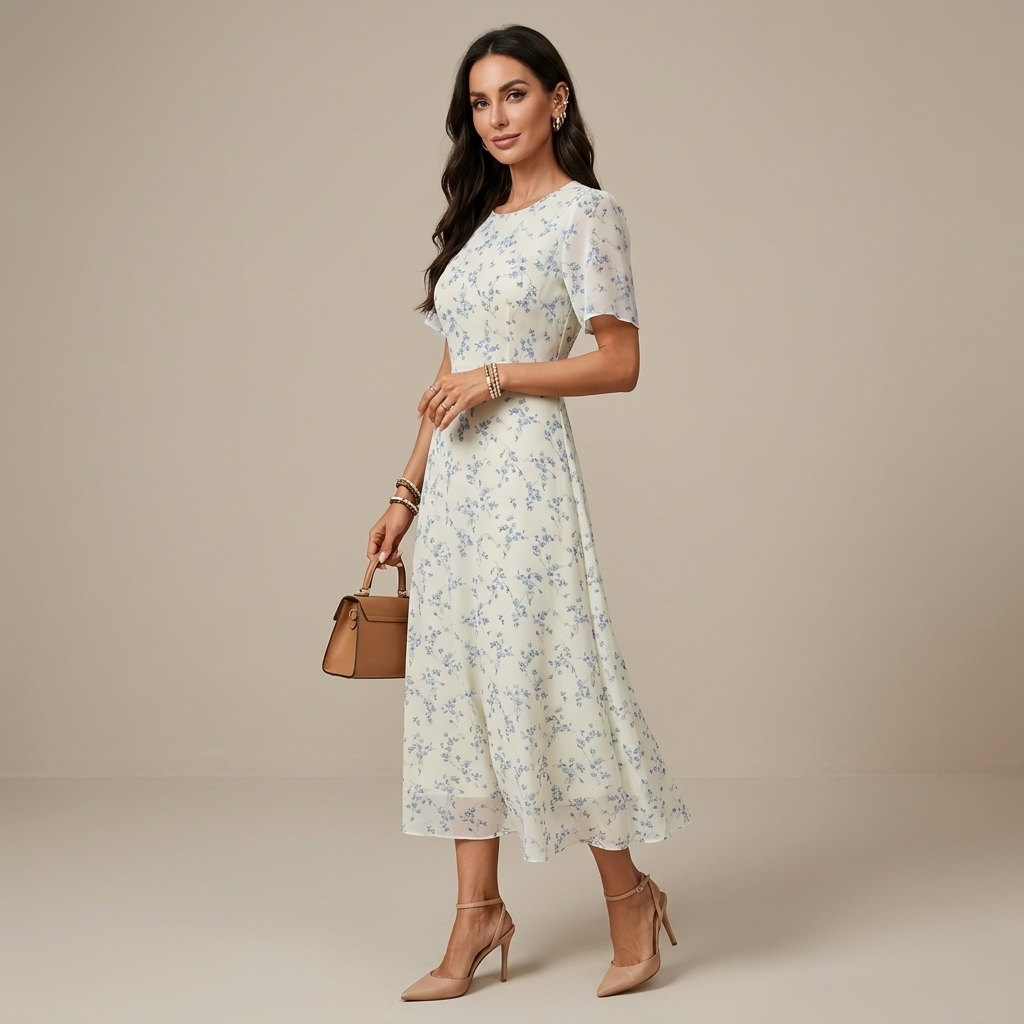 Women's Elegant Mini Floral Round Neck Short Sleeve Midi Dress, Summer Women's Clothing, Birthday Dress