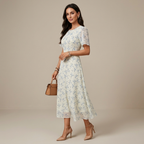 Women's Elegant Mini Floral Round Neck Short Sleeve Midi Dress, Summer Women's Clothing, Birthday Dress