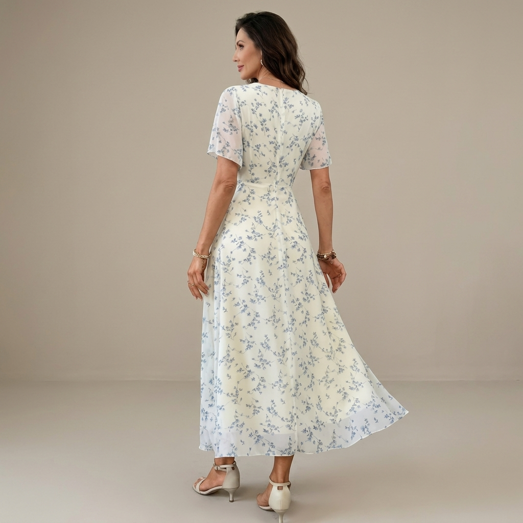 Women's Elegant Mini Floral Round Neck Short Sleeve Midi Dress, Summer Women's Clothing, Birthday Dress