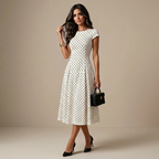 New Summer Women's White Polka Dot Short Sleeve Round Neck Midi Dress