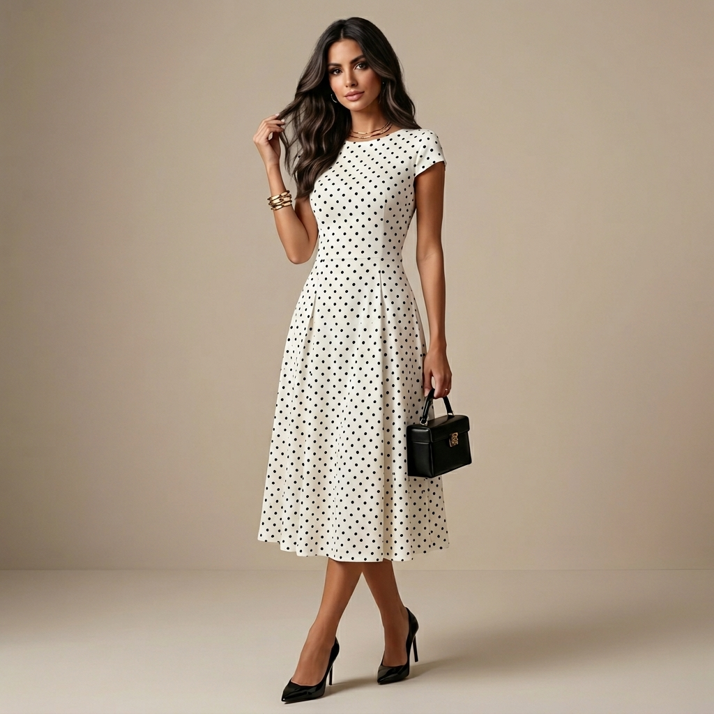 New Summer Women's White Polka Dot Short Sleeve Round Neck Midi Dress