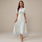 Women's Elegant Mini Floral Round Neck Short Sleeve Midi Dress, Summer Women's Clothing, Birthday Dress