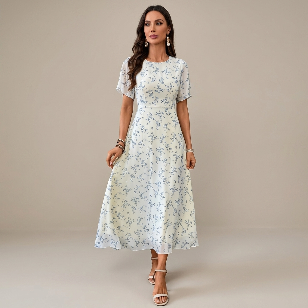 Women's Elegant Mini Floral Round Neck Short Sleeve Midi Dress, Summer Women's Clothing, Birthday Dress