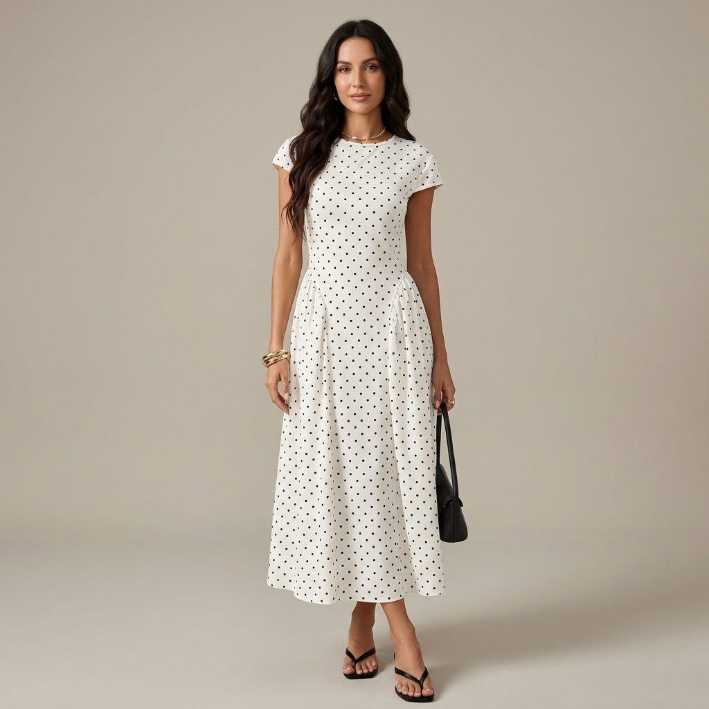 New Summer Women's White Polka Dot Short Sleeve Round Neck Midi Dress